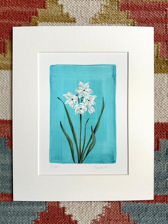 December - Narcissus on Blue Topaz A5 Print