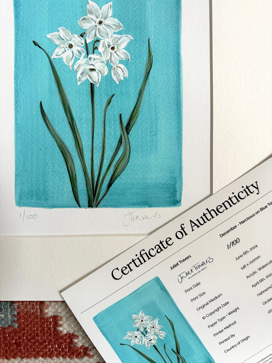 December - Narcissus on Blue Topaz A5 Print