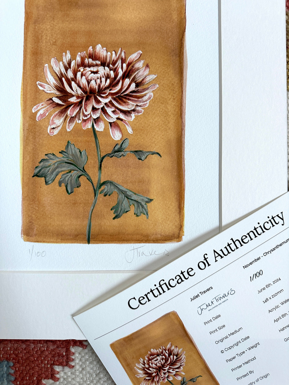 November - Chrysanthemum on Citrine A5 Print